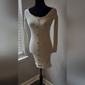 Fashion Nova Cream Ribbed Long Sleeve Dress